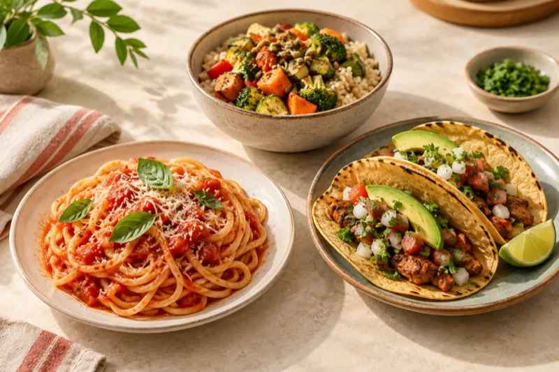 Mesa con espagueti, tacos y un tazón de arroz con verduras