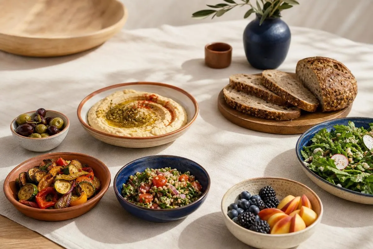 Mesa con hummus, ensalada de bulgur, aceitunas, verduras asadas, pan y fruta