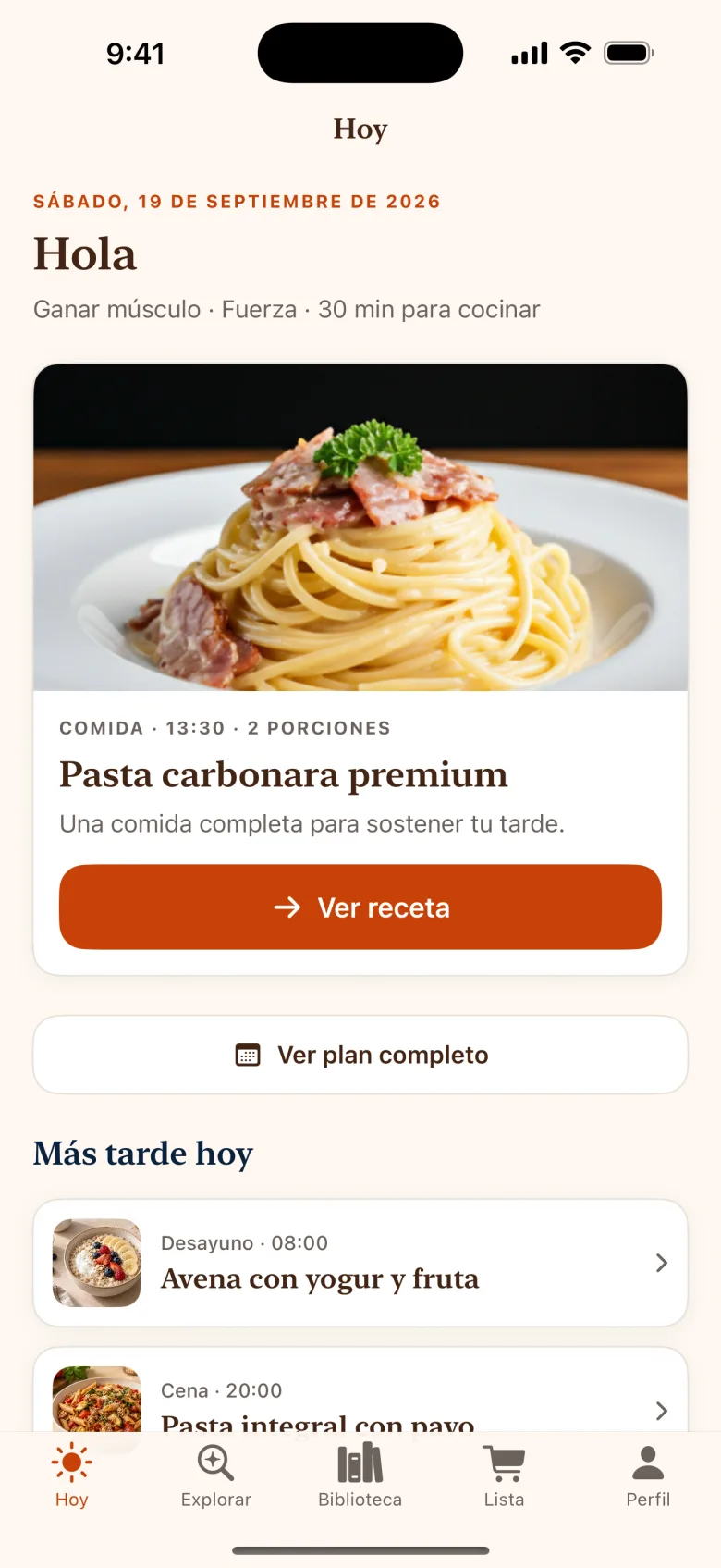 Pantalla Hoy de Cooky con la siguiente comida del día